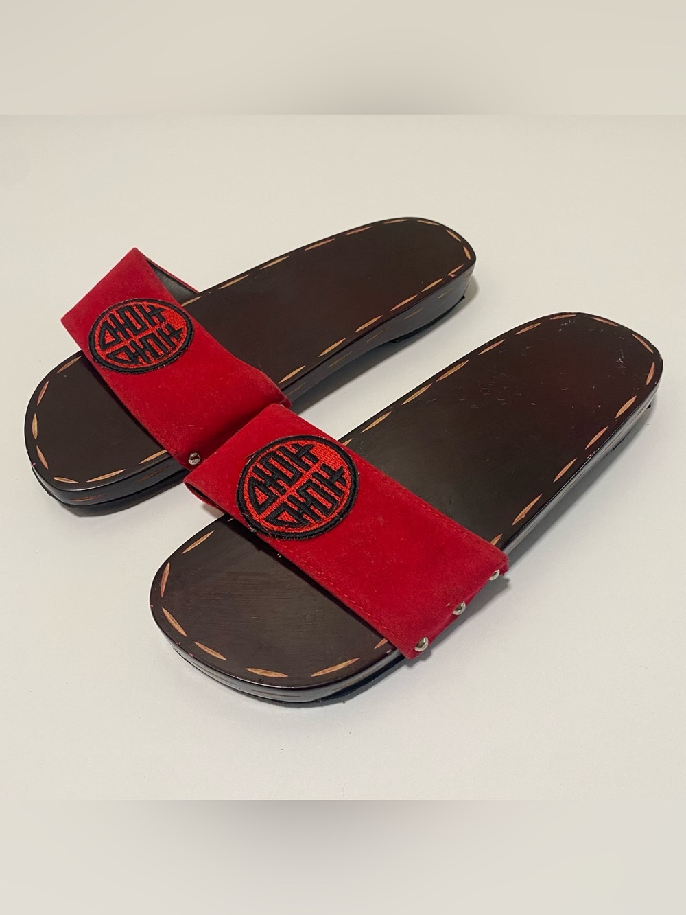 Vintage Chinese Wooden Slide Sandals Red Velvet Double Happiness Symbol